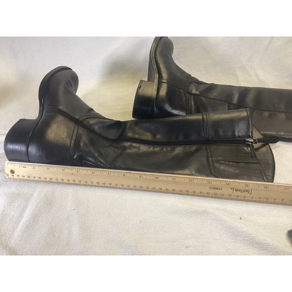 Franco Sarto Cissy Black Leather Knee High Riding Boots Womens 10M Block Heel